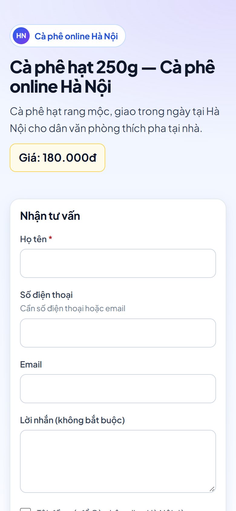 Landing page công khai của quán trên điện thoại, có giá và form nhận tư vấn
