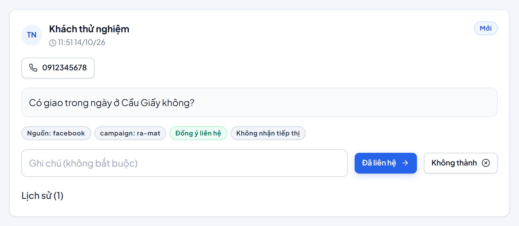 Một lead thử nghiệm trong hộp thư của chủ quán: câu hỏi của khách, nguồn facebook, đã đồng ý liên hệ